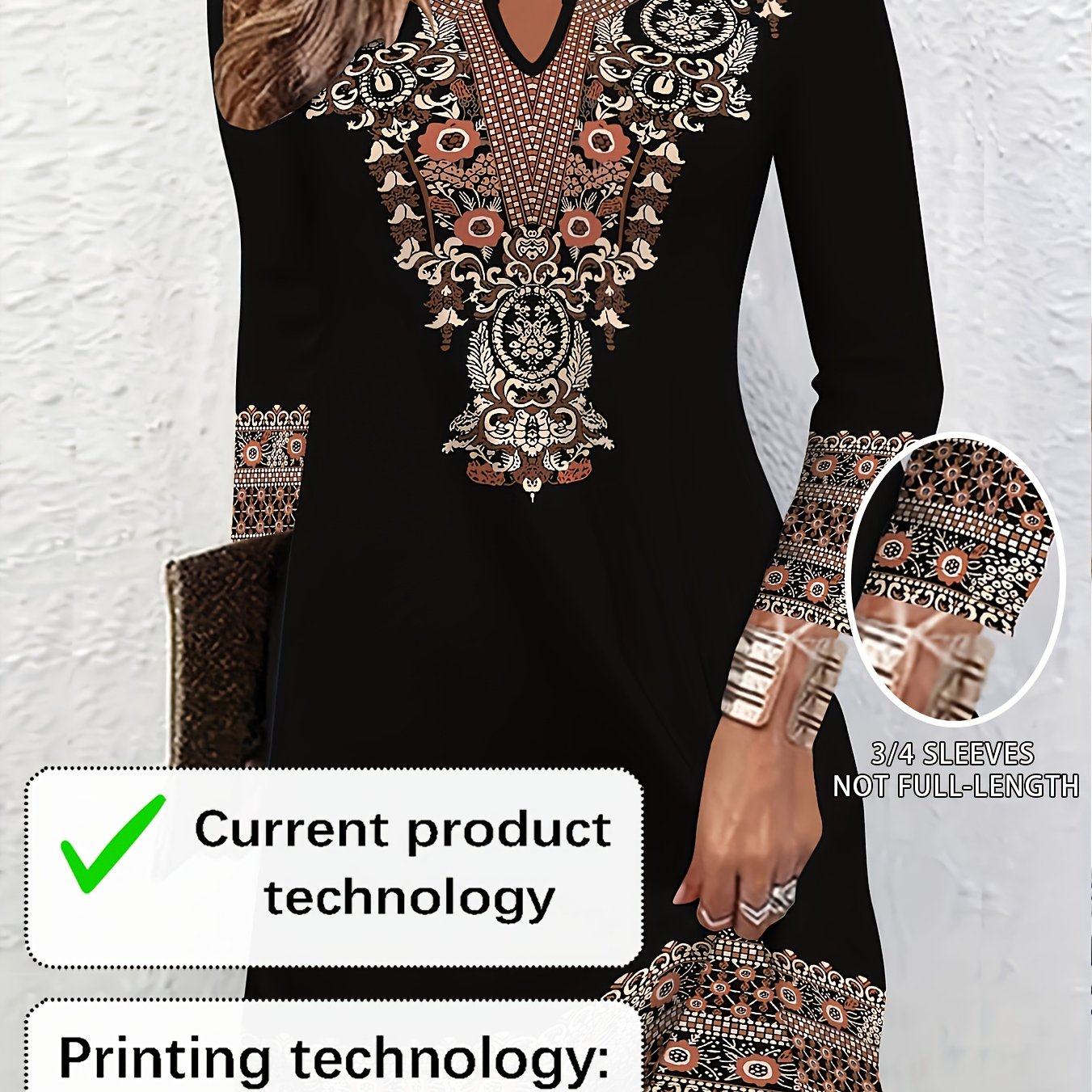 2D Print Ethnic Elegant Vacation Abstract Painting Plant Flower Leaf Regular Round Geometric Full-Body Print Breathable Print V-Neck Capri Sleeve T-Shirt Dress, New Casual Skirt, Autumn Winter Women's Top, Midi A-Line Half Sl
