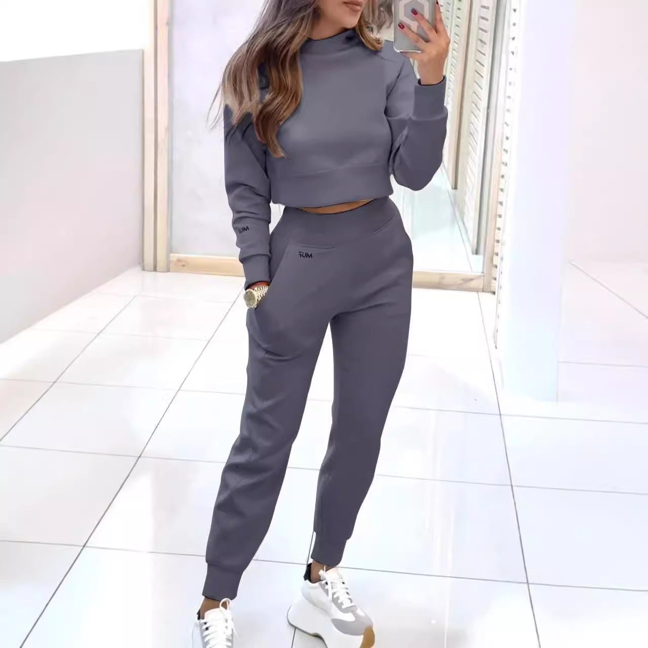 Stand Collar Sports Suit Fashion Pullover Long-sleeves Short Top And Slim Trousers With Pockets Solid Outfits Women's Clothing - Ever Bloom Now
