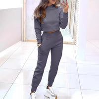 Stand Collar Sports Suit Fashion Pullover Long-sleeves Short Top And Slim Trousers With Pockets Solid Outfits Women's Clothing - Ever Bloom Now