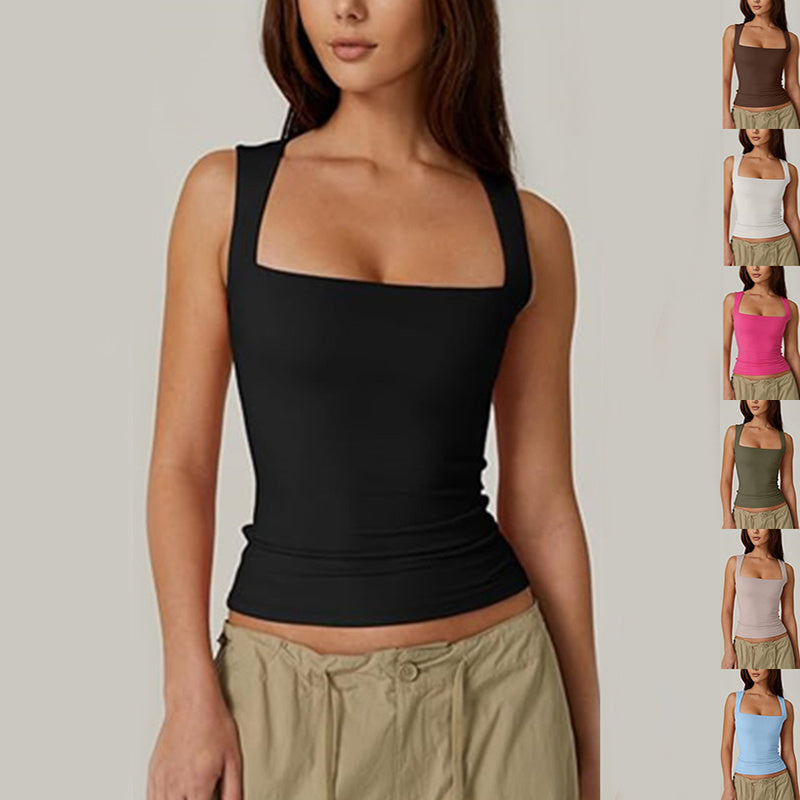 Summer Square-neck Tank Vest Ins Fashion Slim Solid Sleeveless Tops For Women Clothing - Ever Bloom Now