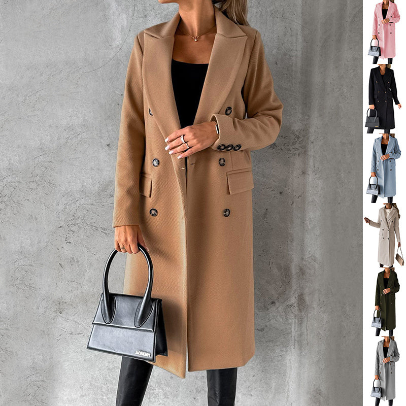 Long Sleeve Lapel Coat Winter Fashion Solid Double Breasted Slim Long Jacket Womens Clothing - Ever Bloom Now