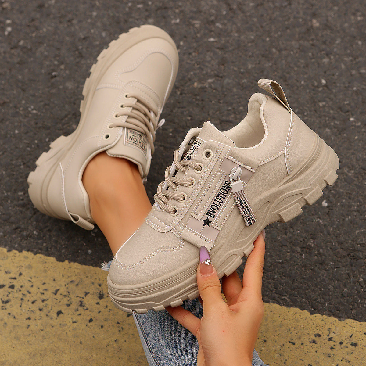 Lace-up Sports Shoes With Side-Zipper Design Fashion Thick-soled Round-toe Casual Shoes For Women Sneakers - Ever Bloom Now
