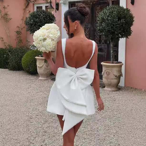 Fashion Big-Bowed Pearls Backless Dress Summer Slim Sleeveless A-line Dresses For Party Evening Women's Clothing - Ever Bloom Now