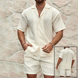 Men Tracksuits Summer Fashion Solid Loose Casual Two Pieces Lapel Button Shirt Shorts Beach Holiday All-match Outfits Male - Ever Bloom Now