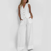 Summer Vest Suits V-neck Botton Sleeveless Top And Loose Straight Trousers Casual Womens Clothing - Ever Bloom Now