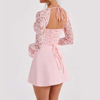 Y2K Lace Long Sleeve Dress Fashion Sexy Corset Backless Lace Up Short Dresses Womens Clothing - Ever Bloom Now