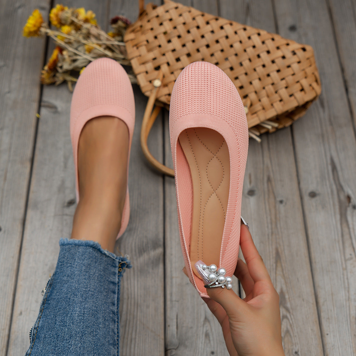 Round Toe Flats Shoes Casual Comfortable Soft Slip On Knit Mesh Shoes For Women - Ever Bloom Now