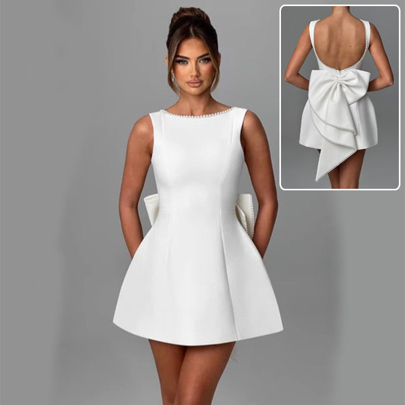 Fashion Big-Bowed Pearls Backless Dress Summer Slim Sleeveless A-line Dresses For Party Evening Women's Clothing - Ever Bloom Now